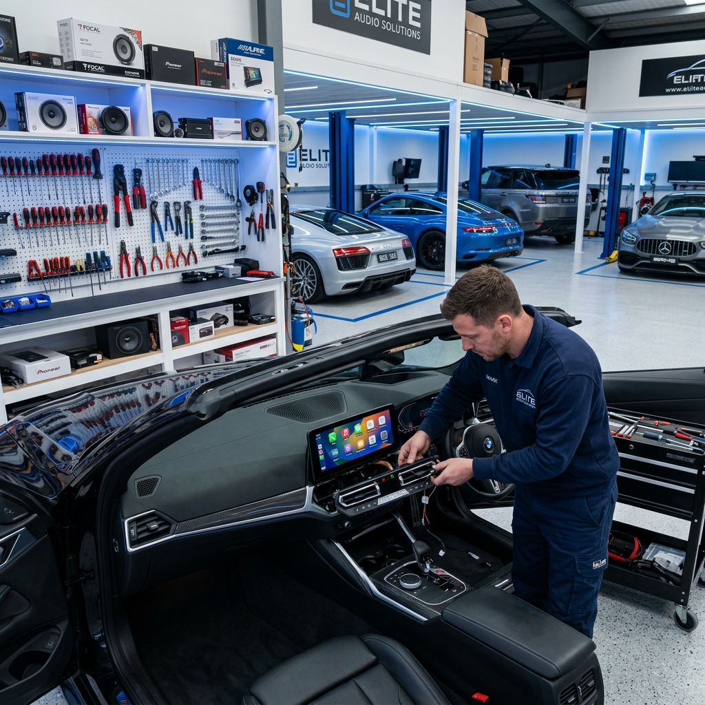 Professional radio installation technician at Radios Services workshop in Valley Stream NY